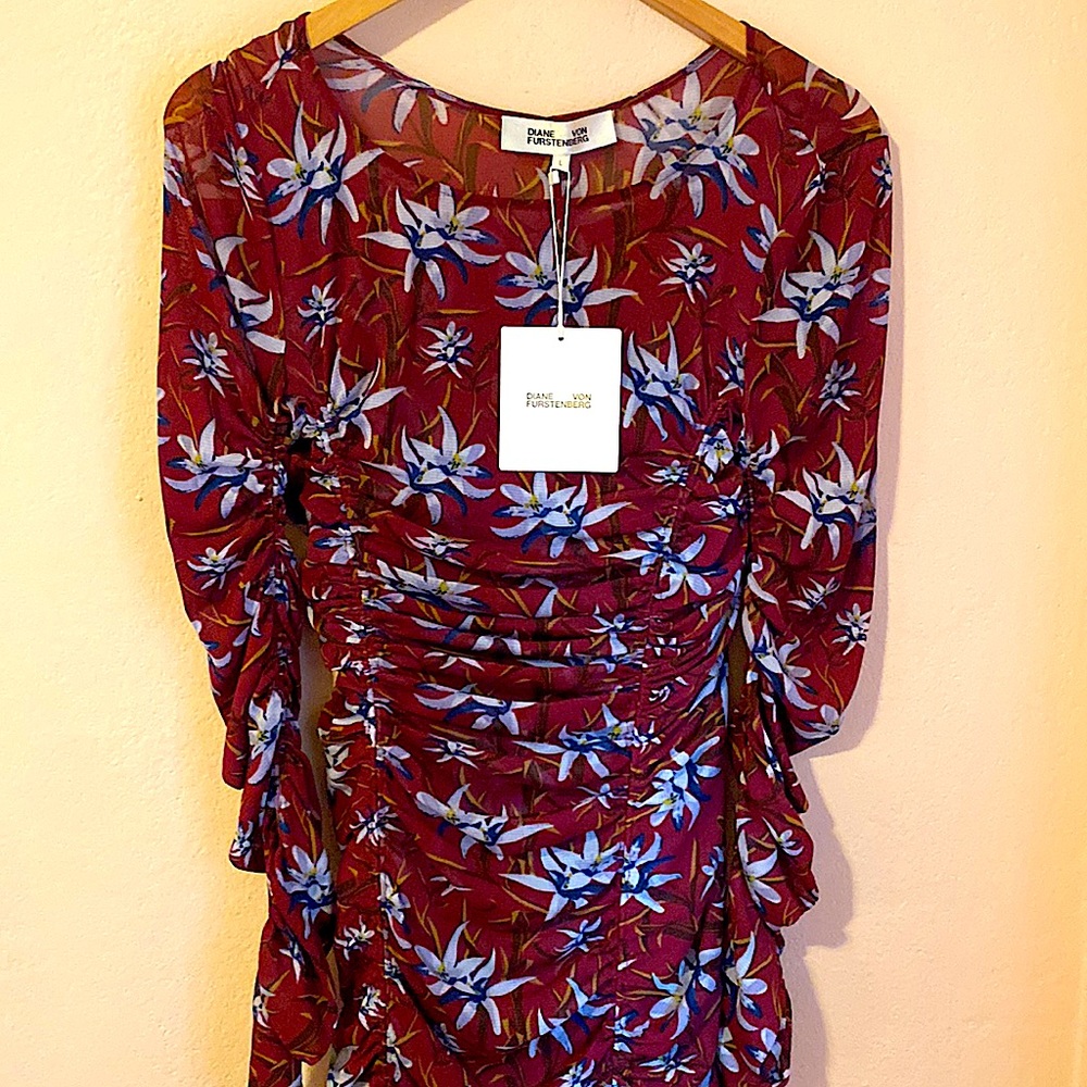NEW DIANE VON FURSTENBERG corinne mesh ruched midi dress in harlow wine Large - Picture 6 of 11